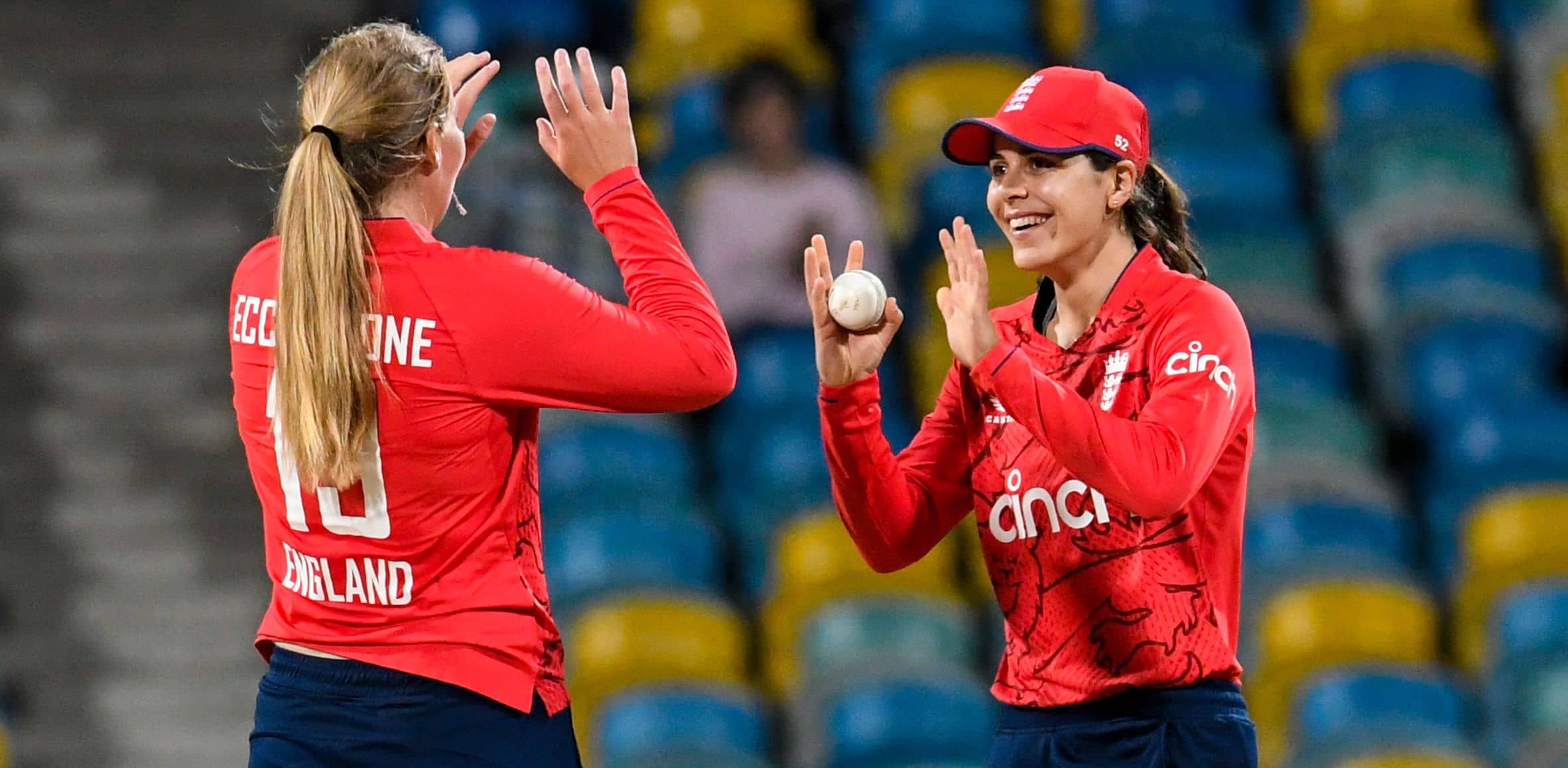 Sophie ecclestone and maia bouchier celebrating at the kensington oval, barbados.