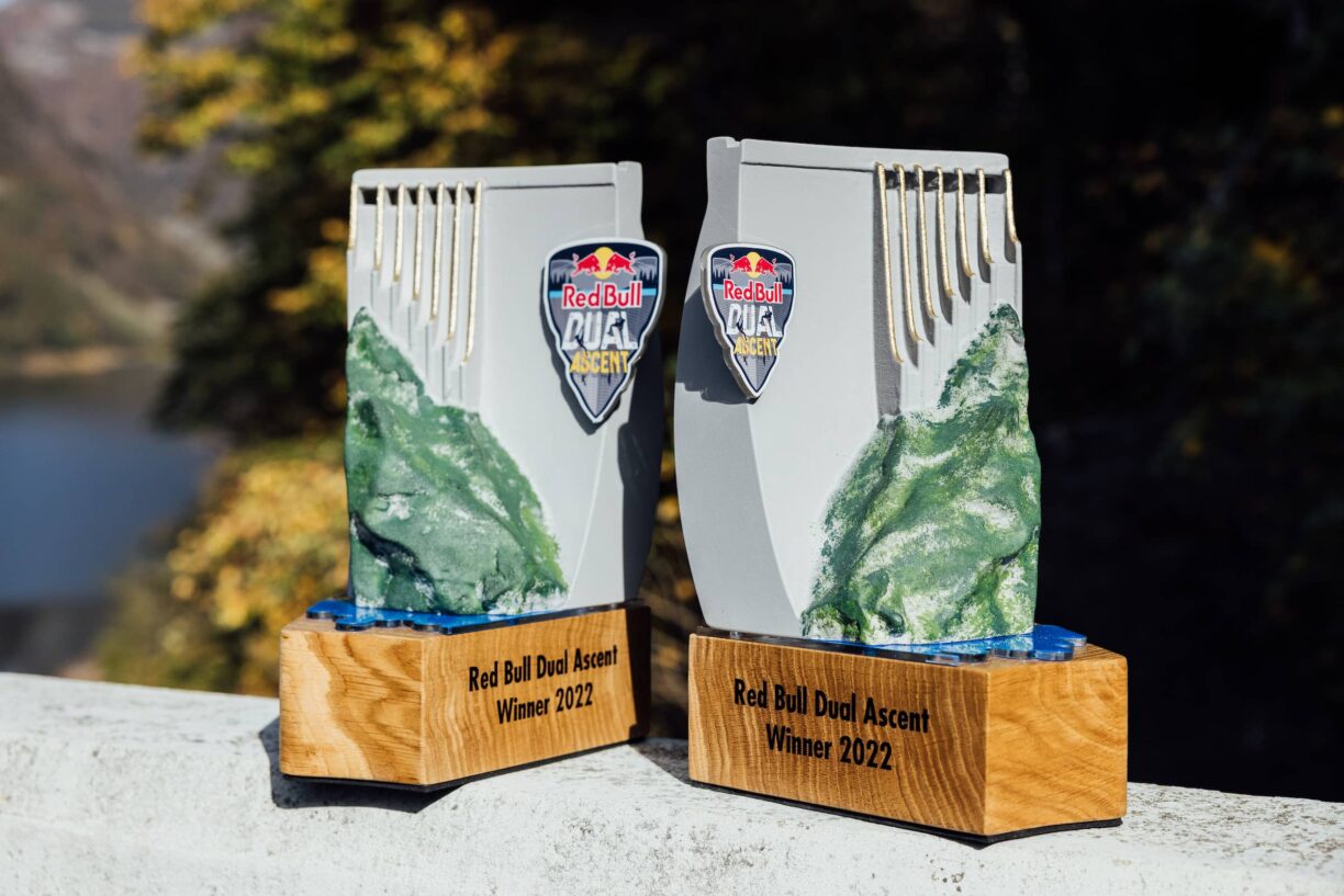 Trophies during red bull dual ascent event in verzasca