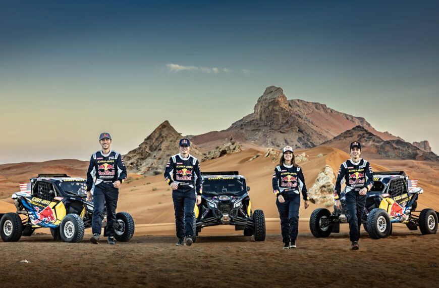 Austin Jones, Rokas Baciuska, Cristina Gutiérrez, Seth Quintero posing for a photo in Dubai for Rally Dakar 2023 , UAE on December 06, 2022