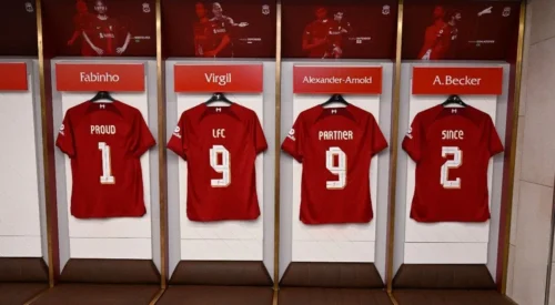 liverpool fc shirts hang in changing room