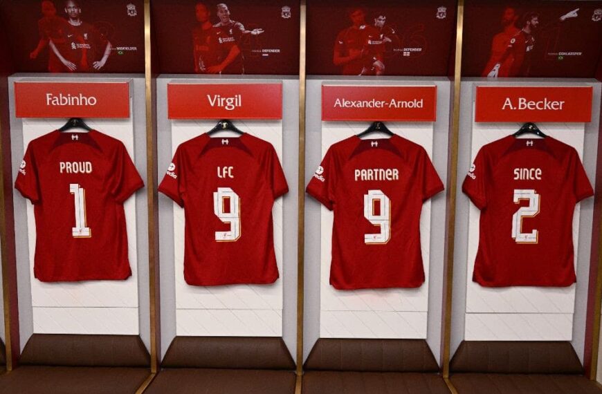 liverpool fc shirts hang in changing room