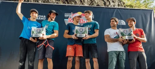 Winners celebrate on the podium at Red Bull Dual Ascent event in Verzasca, Switzerland on October 29th 2022