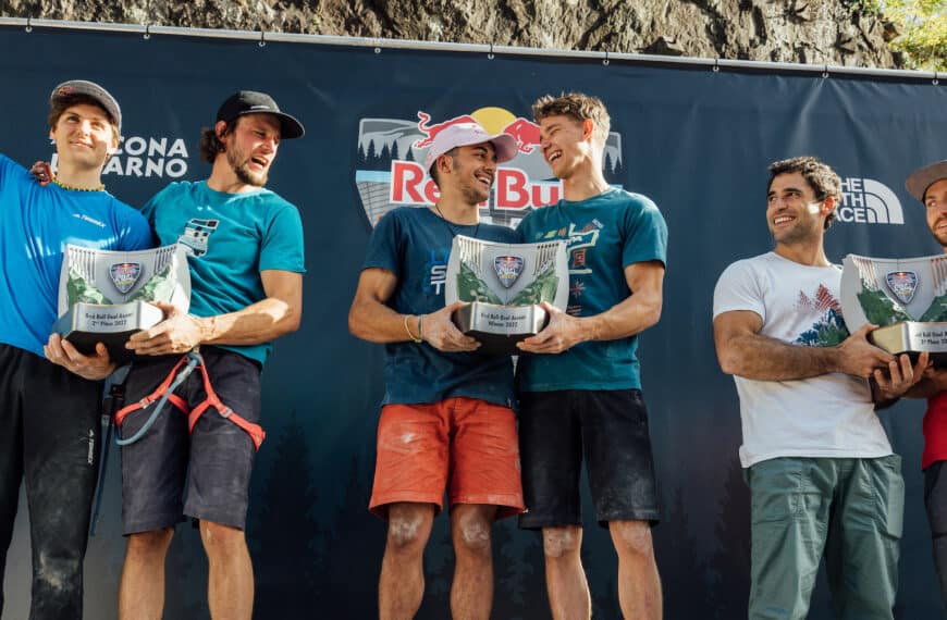 Winners celebrate on the podium at Red Bull Dual Ascent event in Verzasca, Switzerland on October 29th 2022