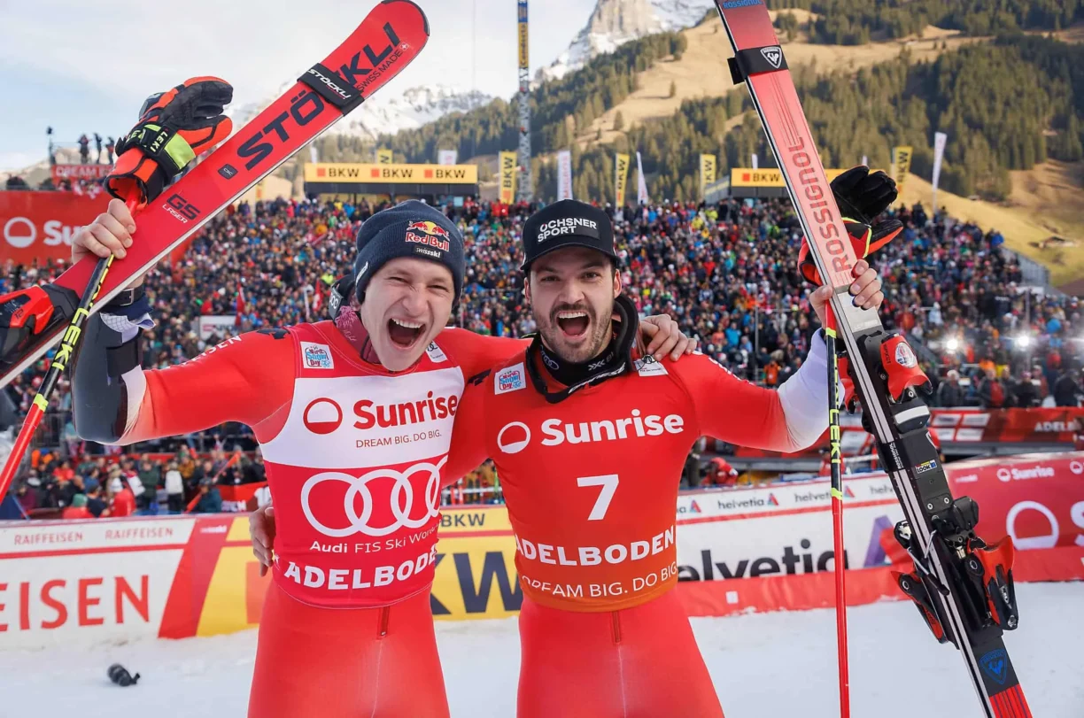 Marco Odermatt (SUI), Loic Meillard (SUI) during men's Giant Slalom of FIS ski alpine world cup 2022-2023 at Adelboden