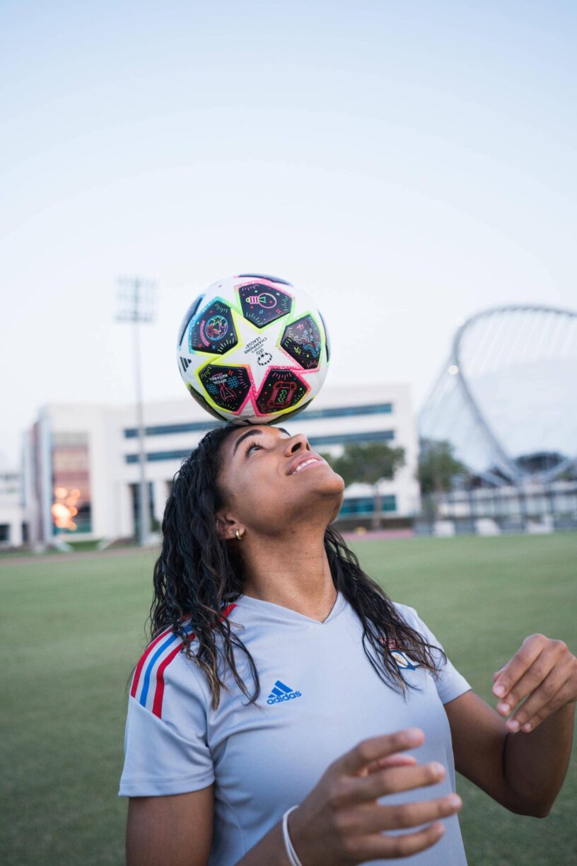 Catarina Macario heading adidas football