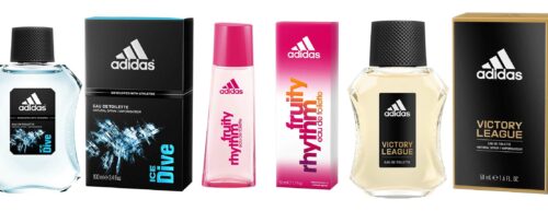 adidas perfumes in a row with boxes