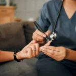 Health, healthcare and medical professional test senior diabetic woman insulin levels