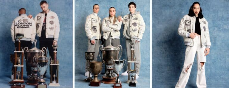 Lions' players Jordan Taylor and Sam Dekker wearing the Beautiful Struggles varsity jacket (top), London Lions women's team Head Coach, Stella Kaltsidou and players Holly Winterburn and Katsiaryna Snytsina (bottom left), Lions' player Azania Stewart (bottom right)