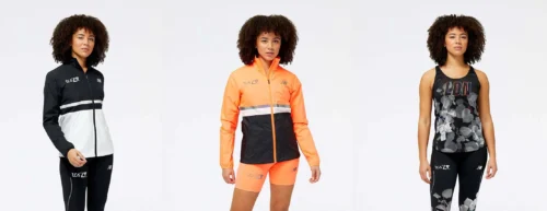 model wears new balance running clothing