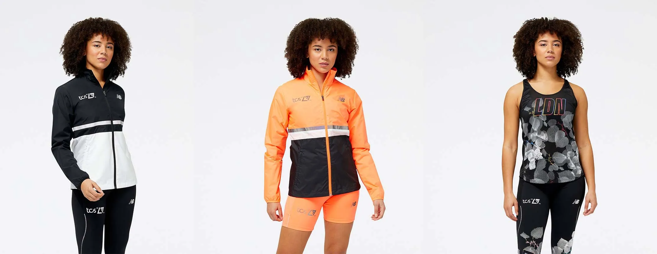 model wears new balance running clothing