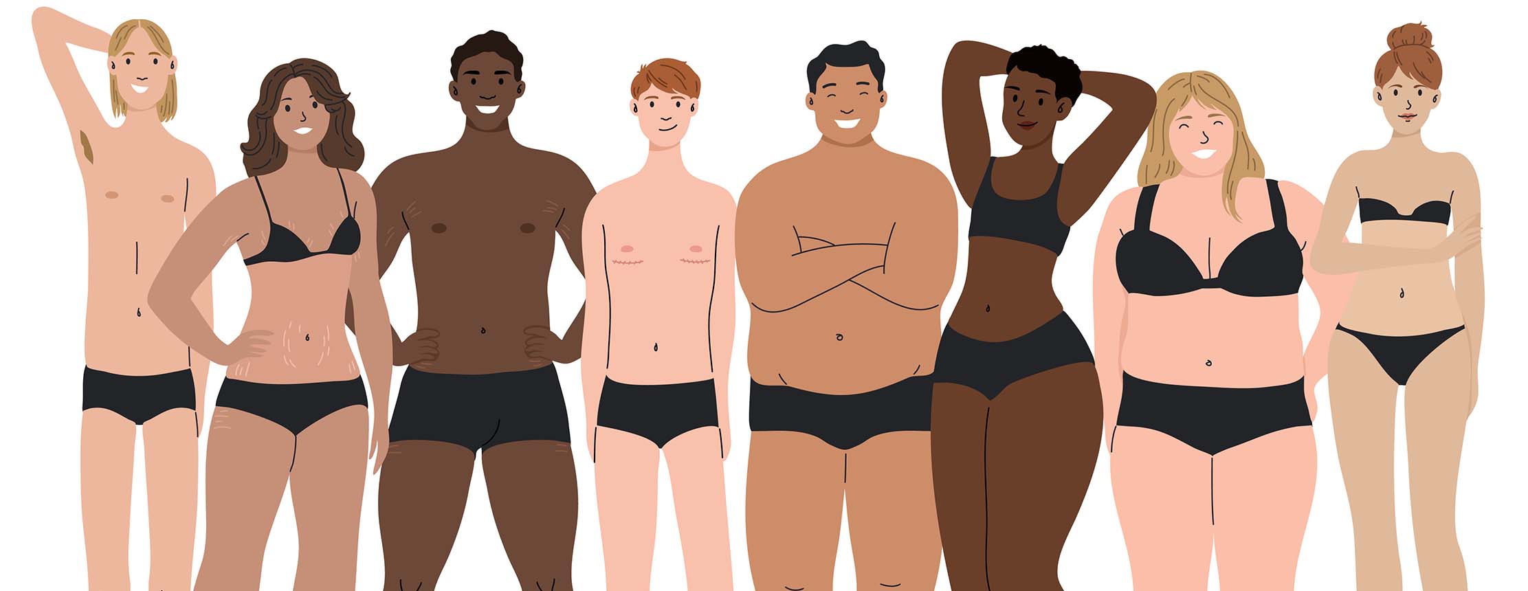 Diverse group of people of different nationalities and body types standing and smiling on a white background
