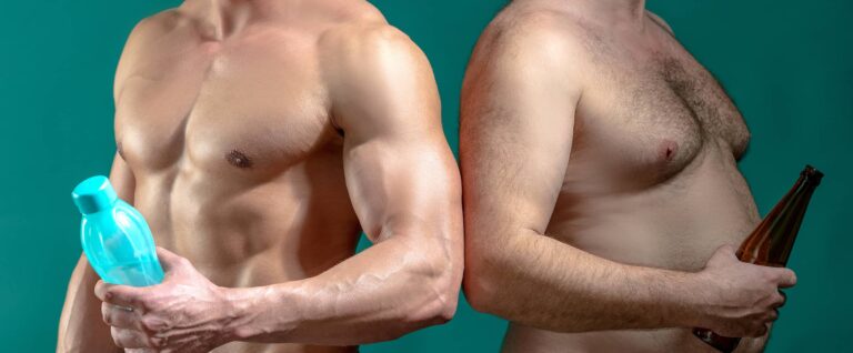 Healthy vs unhealthy lifestyle. Fat man with beer and muscular man with bottle water.