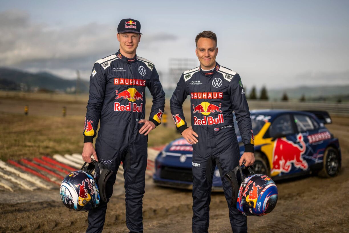 Johan Kristoffersson (SWE) and Ole Christian Veiby (NOR) of the Volkswagen Dealerteam BAUHAUS seen during the FIA World Rallycross Championship Pre-Season Test in Montalegre, Portugal 