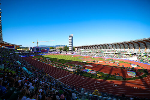 Fans fill stadium at the World Athletics Championships on July 23, 2022 in Eugene, OR, USA