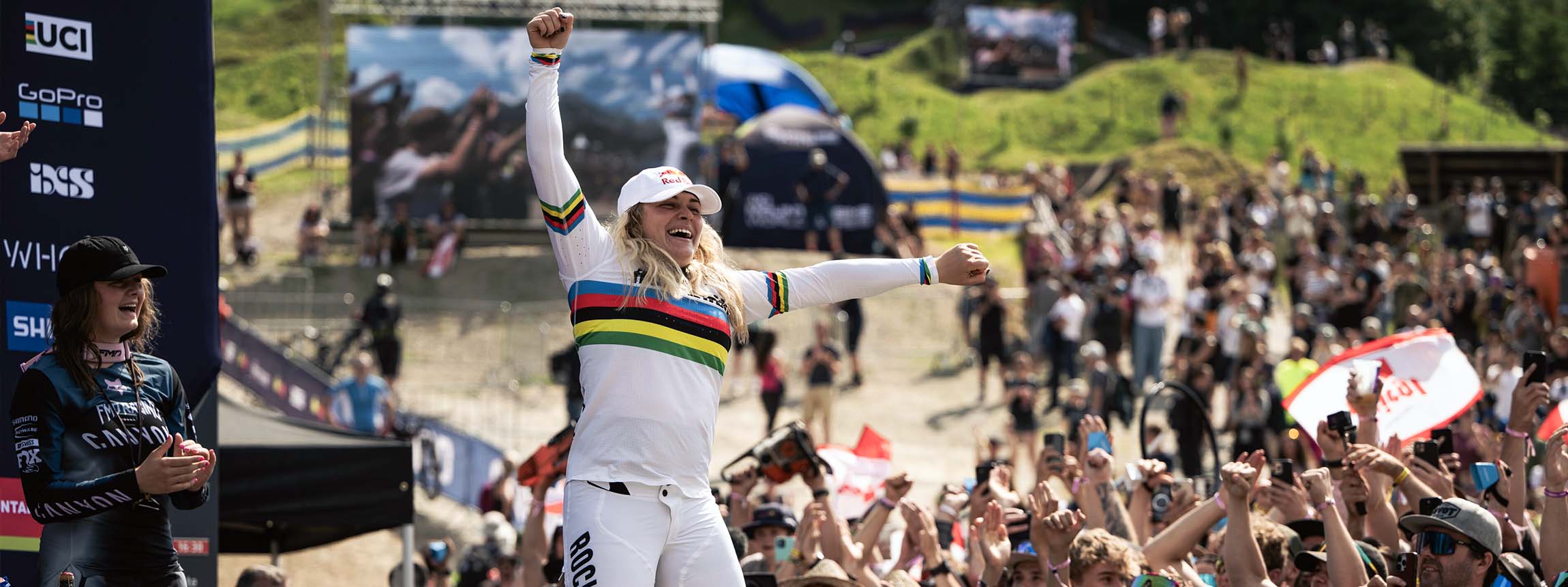 Vali holl celebrates at uci dh world cup in leogang, austria on june 17, 2023
