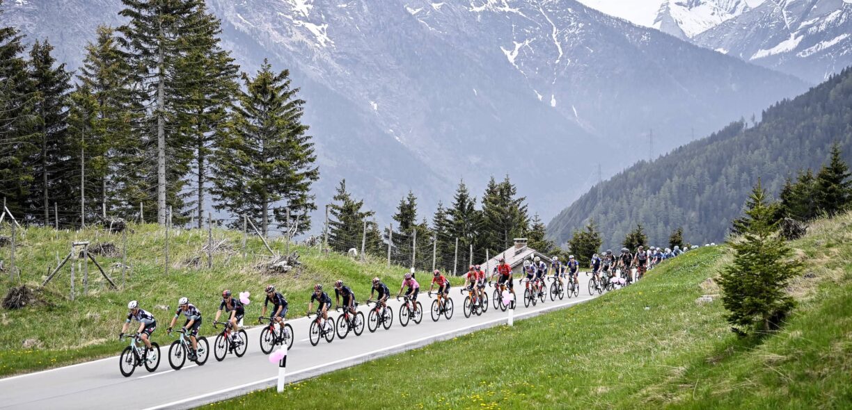 cyclists ride through the alps