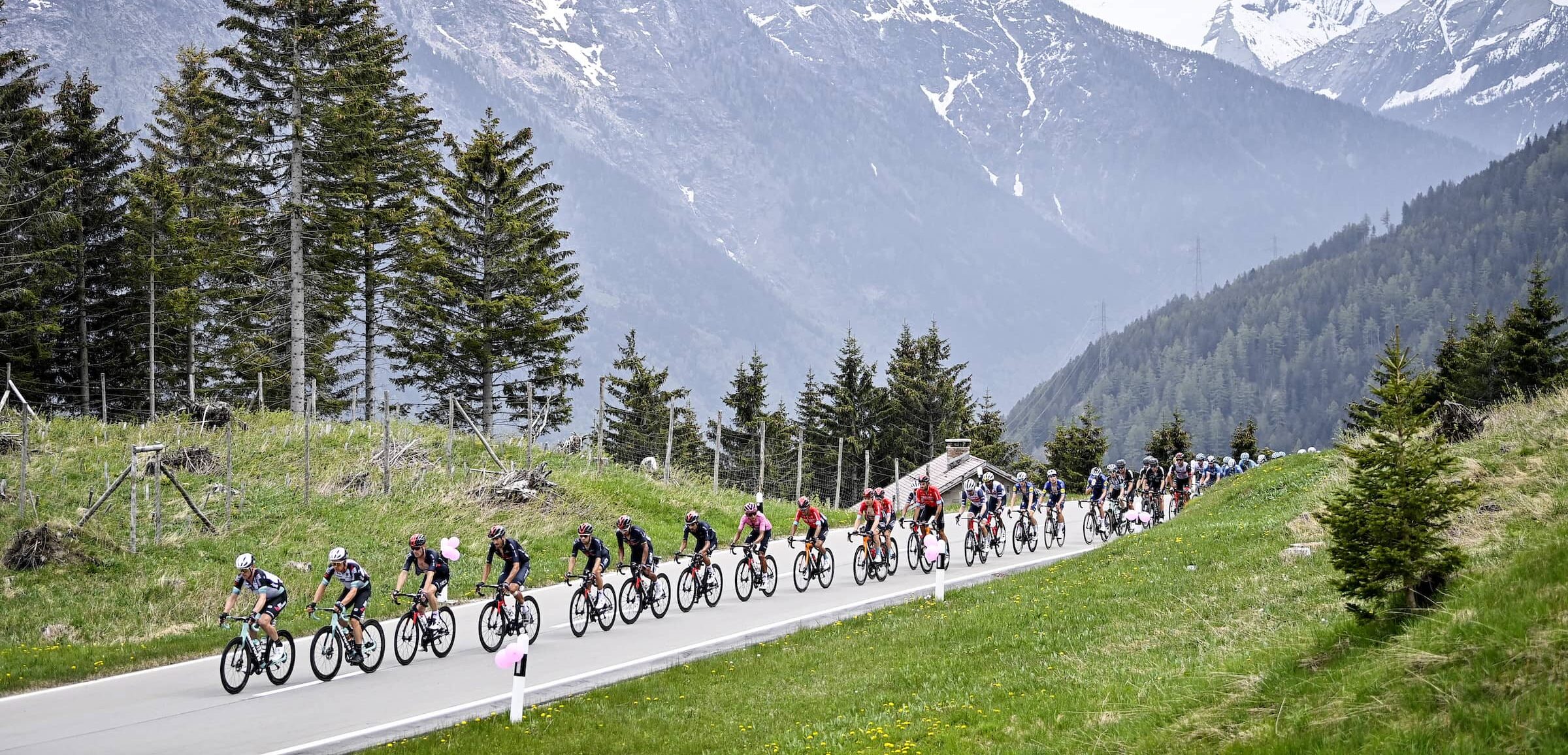 Cyclists ride through the alps
