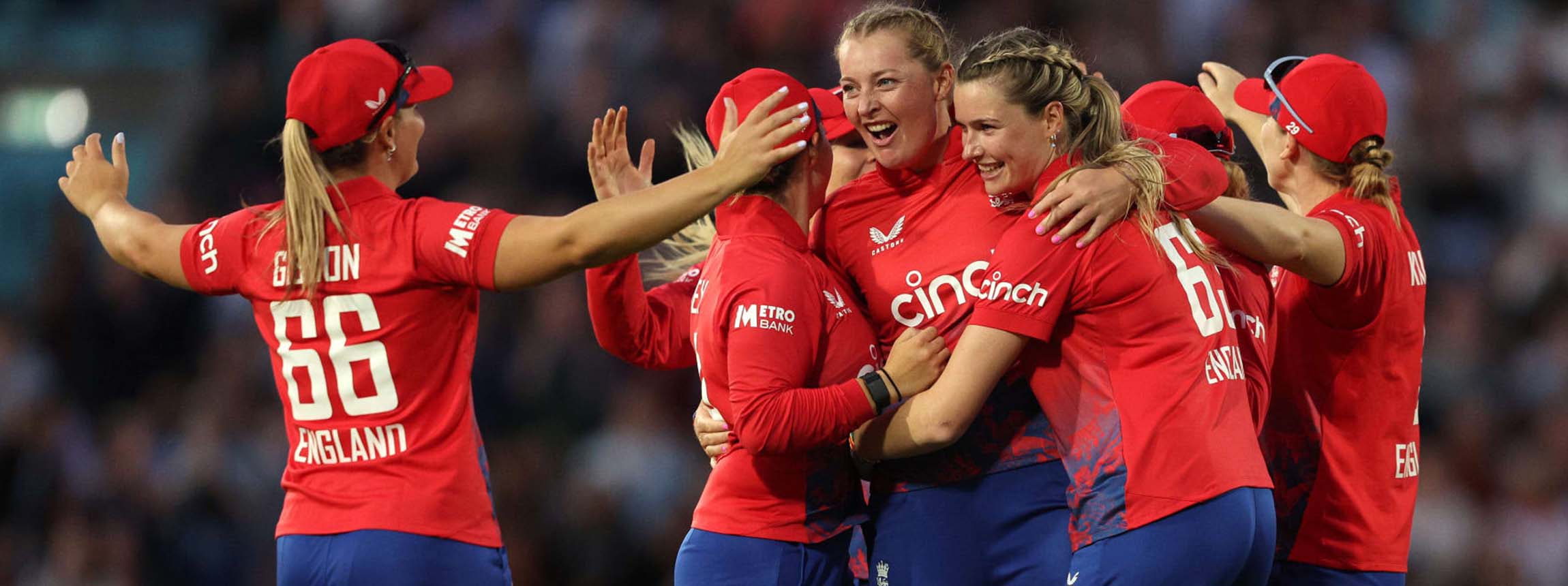 England women celebrate a wicket in front of over 20,000 fans at the kia oval.
