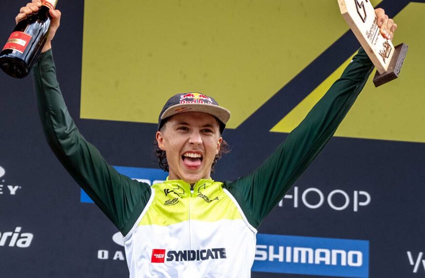 Jackson Goldstone celebrates at UCI DH World Cup in Val Di Sole, Italy on July 01, 2023