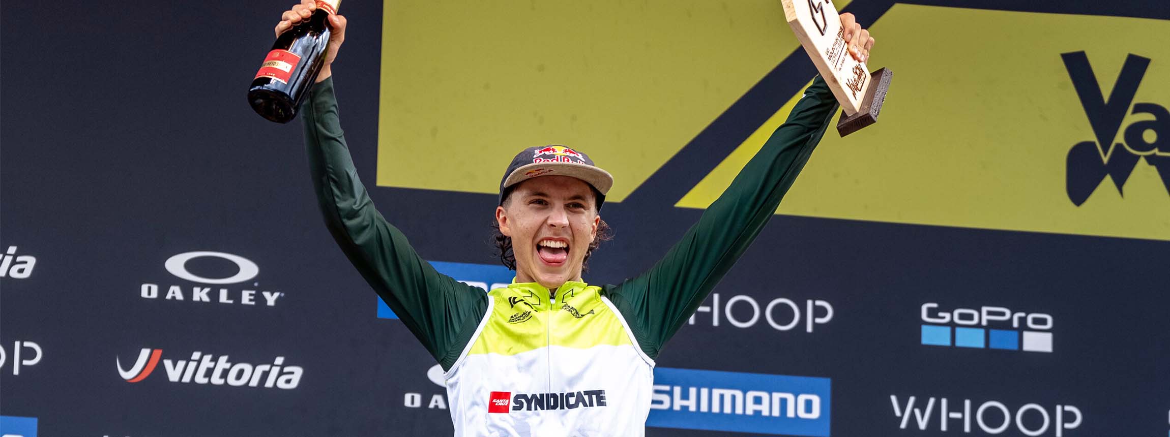 Jackson goldstone celebrates at uci dh world cup in val di sole, italy on july 01, 2023
