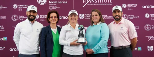 (From L to R) Noah Alireza (Golf Saudi CEO), Florence Dubois (Head of Global Partnerships, FII Institute), Bronte Law (ATS London 2022 Champion), Alexandra Armas (Ladies European Tour CEO), Mansour Alturki (Chief Counsel, Aramco Europe)