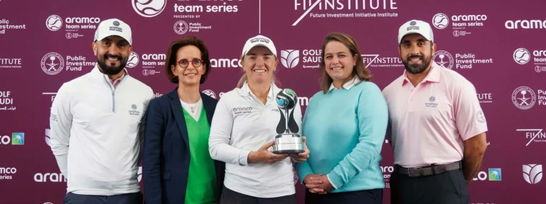 (From L to R) Noah Alireza (Golf Saudi CEO), Florence Dubois (Head of Global Partnerships, FII Institute), Bronte Law (ATS London 2022 Champion), Alexandra Armas (Ladies European Tour CEO), Mansour Alturki (Chief Counsel, Aramco Europe)