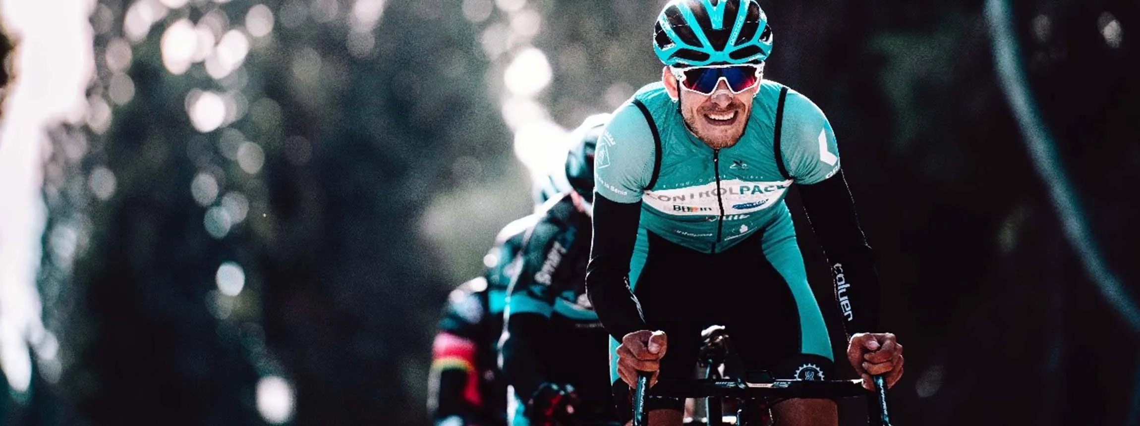 cycling team in line race along the road