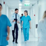 doctor talks to nurse in hospital corridor