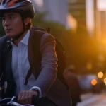 businessman wearing helmet biking with bicycle on road in city to work