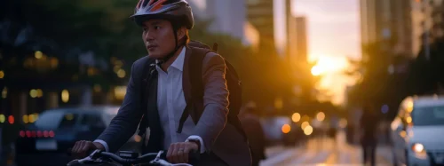 businessman wearing helmet biking with bicycle on road in city to work