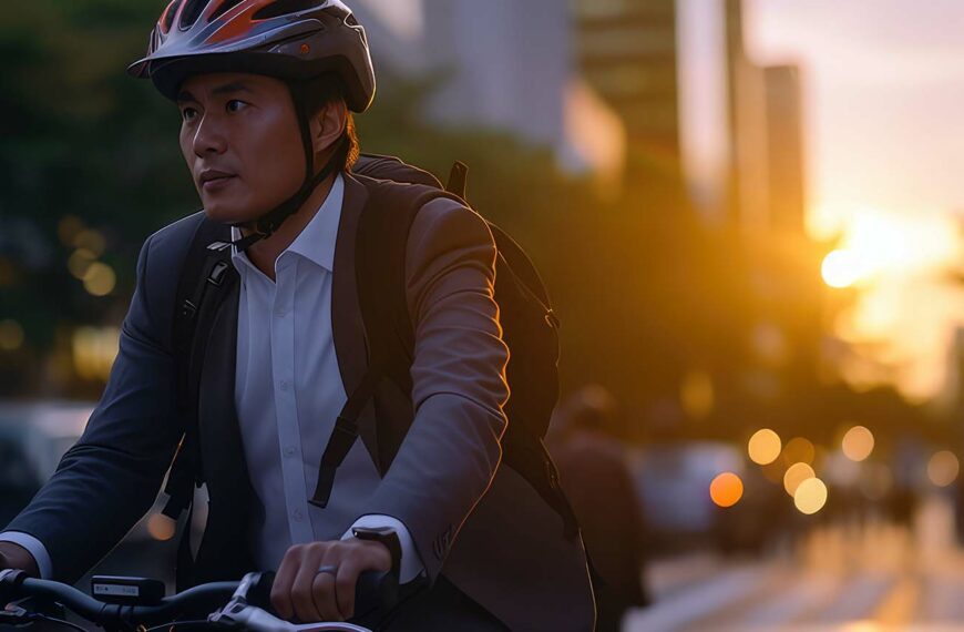 businessman wearing helmet biking with bicycle on road in city to work