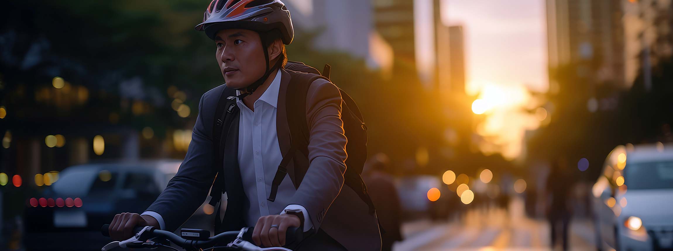 Businessman wearing helmet biking with bicycle on road in city to work