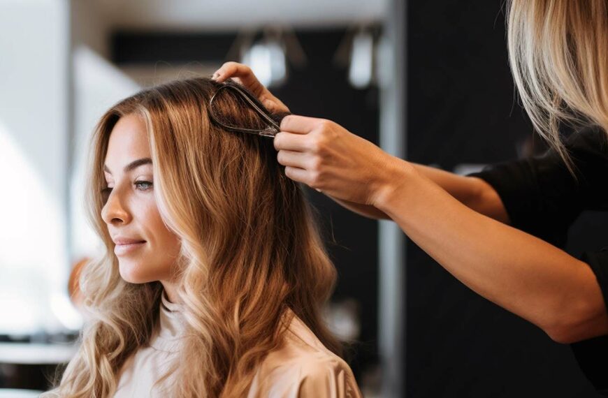 A hairdresser styling a client's hair in a salon