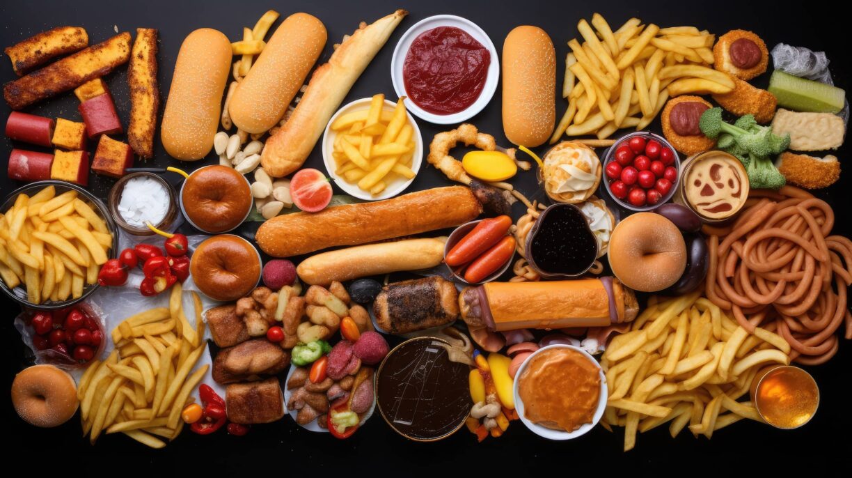 Composition of many junk unhealthy fast food on the table.
