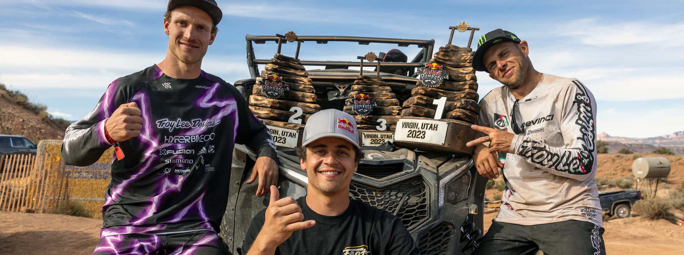 Tom Van Steenbergen, Carson Storch and Cam Zink pose for a portrait with their trophies at Red Bull Rampage in Virgin, Utah, USA on October 13, 2023.