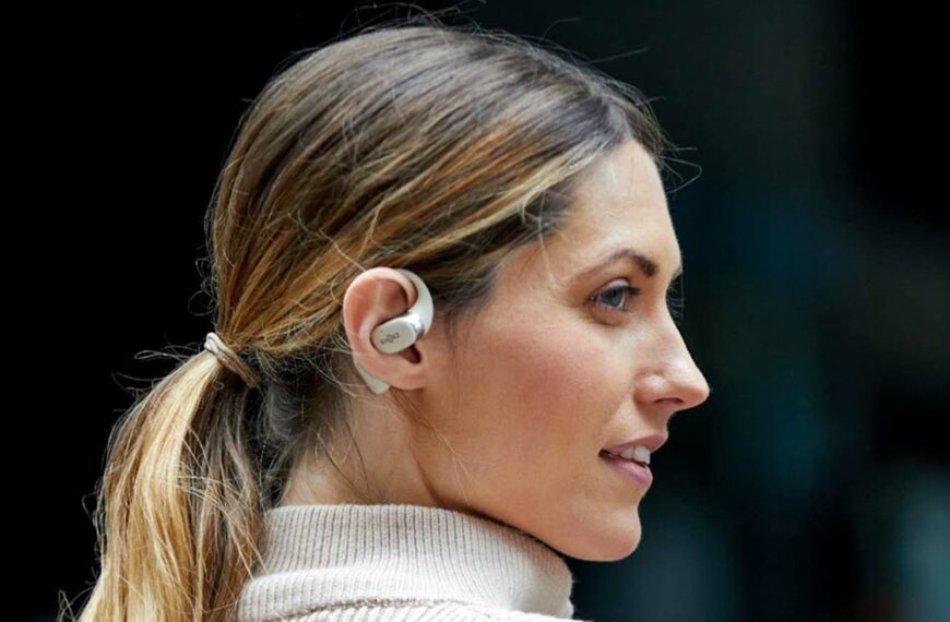 woman wearing shokz wireless earbuds