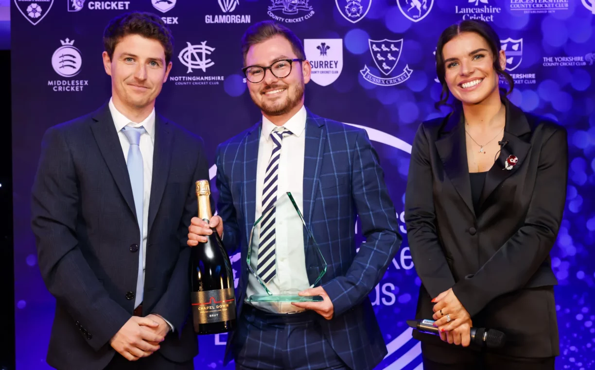 Durham Cricket Media and Communications Manager Sam Blacklock (centre) won the Rising Star award