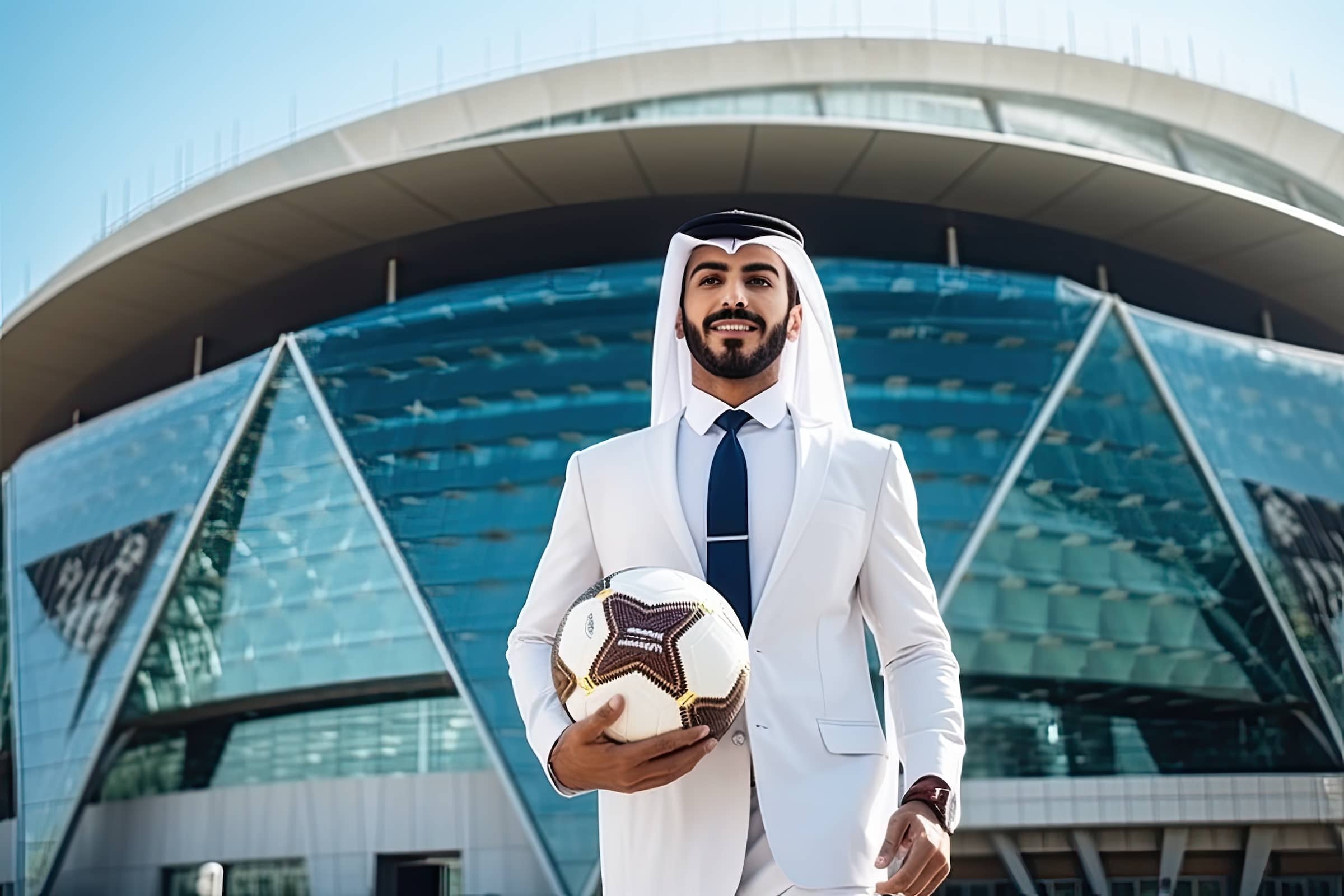businessman in traditional white kandoor with Football Stadium and fan club football team in the background.