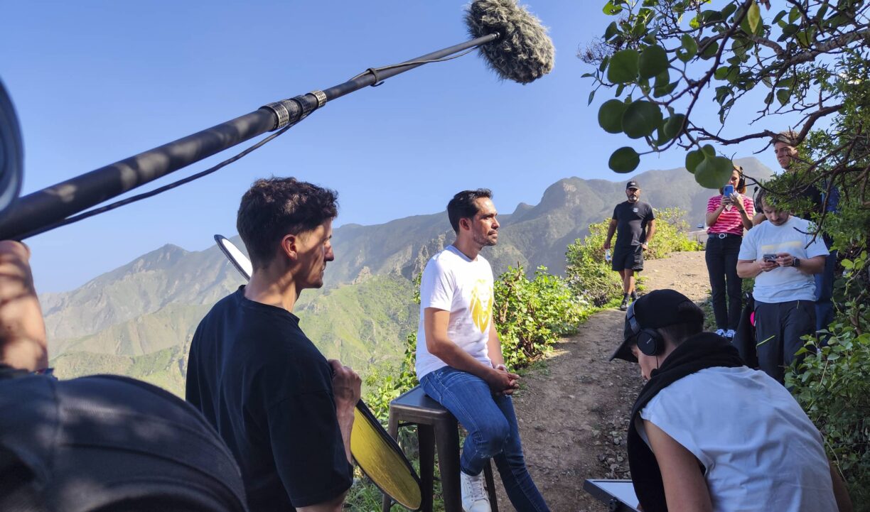 Alberto Contador holding interview in the countryside
