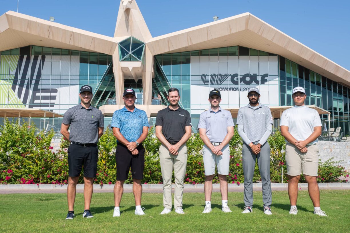 Chris Stroud, Scott Hend, Martin Trainer, Max Kennedy, Karandeep Kochhar and Sampson-Yunhe Zheng pose for a photo ahead of the LIV Golf