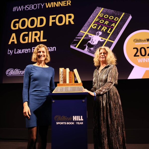 Lauren Fleshman, left, receives the 2023 William Hill Sports Book of the Year Award from chair Alyson Rudd. She wins a £30,000 prize for her book, Good for a Girl My Life Running in a Man’s World