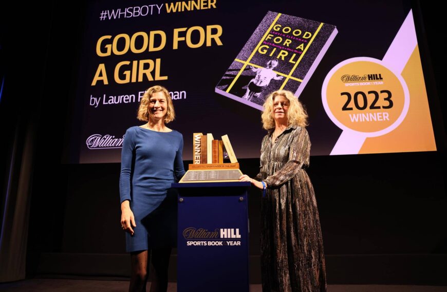 Lauren Fleshman, left, receives the 2023 William Hill Sports Book of the Year Award from chair Alyson Rudd. She wins a £30,000 prize for her book, Good for a Girl My Life Running in a Man’s World