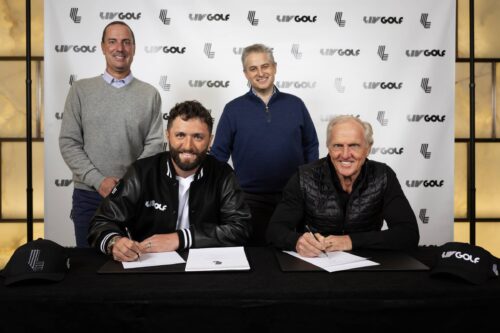 (Front row); Two-time major winner and the reigning Masters champion, Jon Rahm, LIV Golf Commissioner and CEO Greg Norman (Back row); Sportive Senior Vice President of Golf, Jeff Koski and Lawrence Burian, LIV Golf Chief Operating Officer