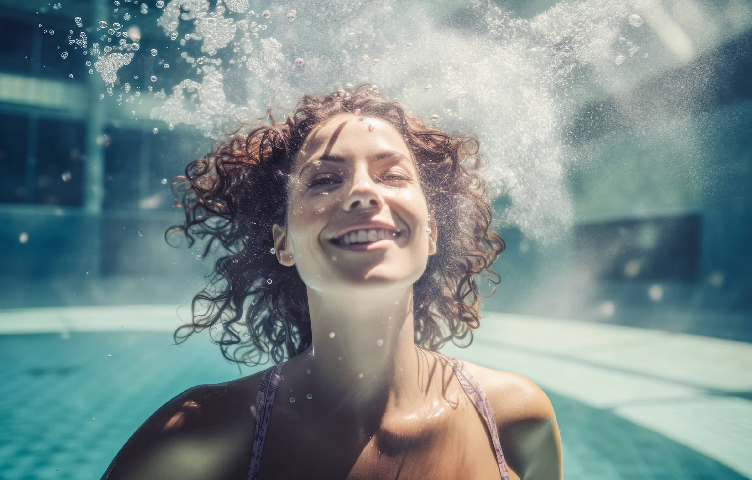 A woman finds relaxation by swimming in a pool.
