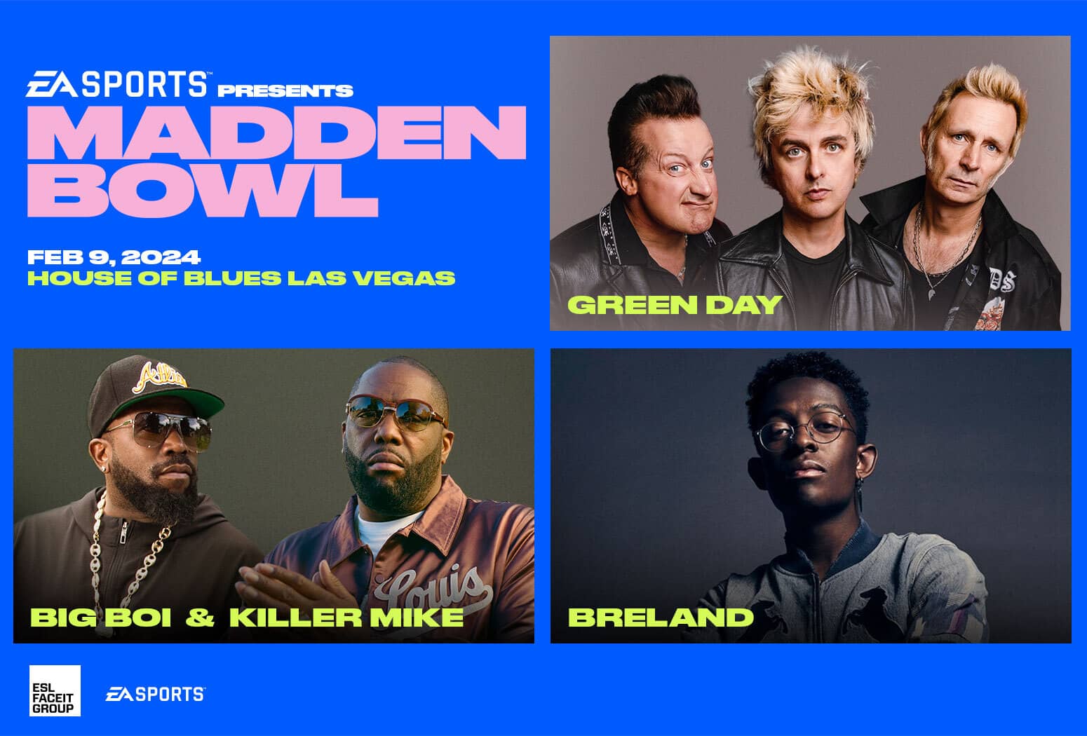 Green Day, Big Boi, Killer Mike and BRELAND will Light Up Las Vegas for Super Bowl LVIII at EA SPORTS Presents The Madden Bowl on February 9