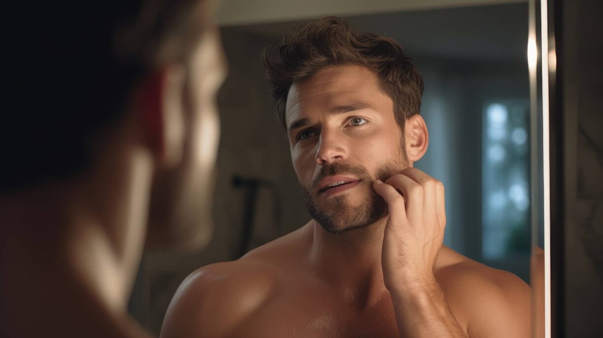 Handsome man taking care of face skin after shaving