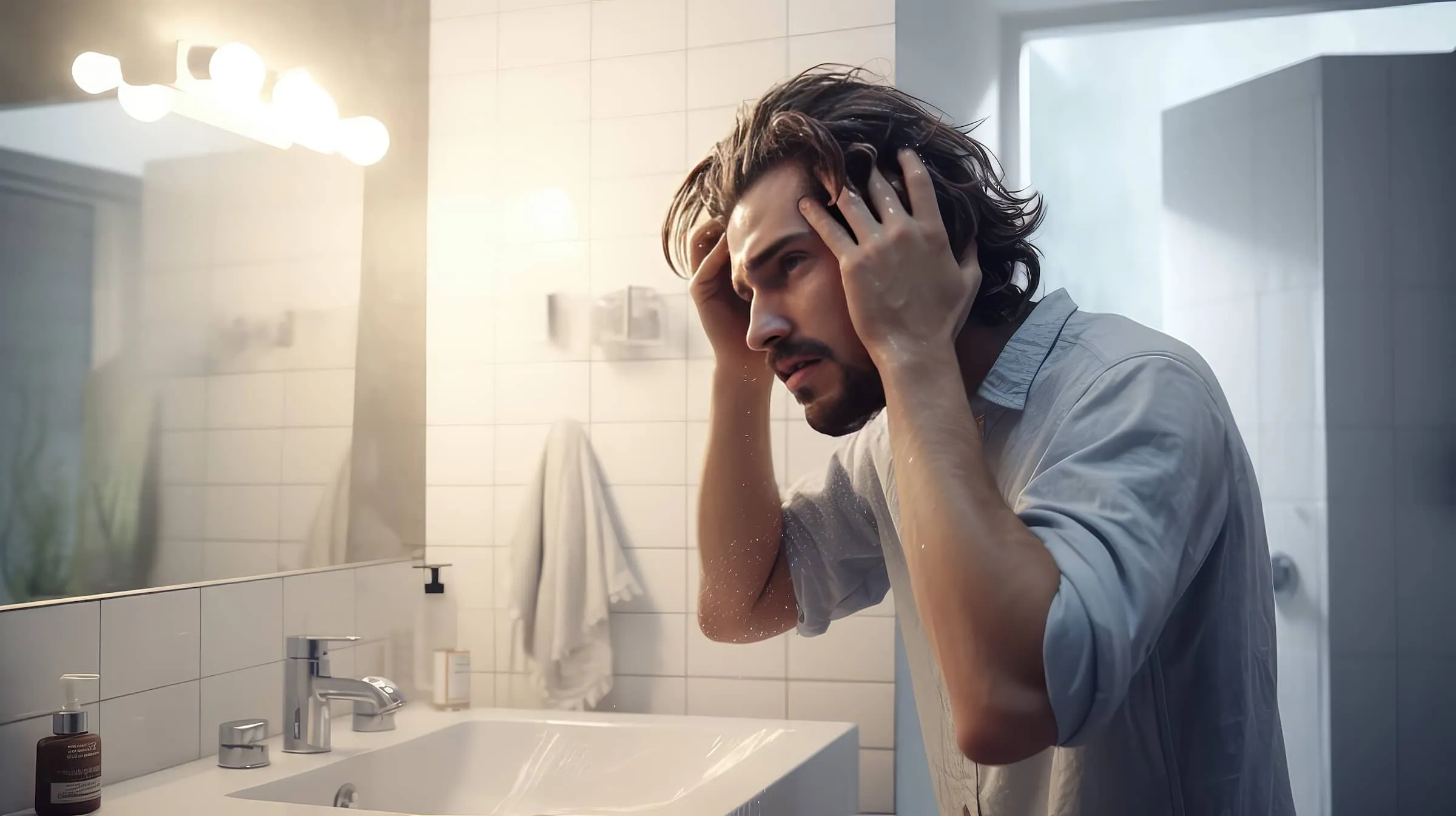 Young man checking face in the bathroom