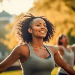 women stretching arms outdoor. Yoga class doing breathing exercise at park.