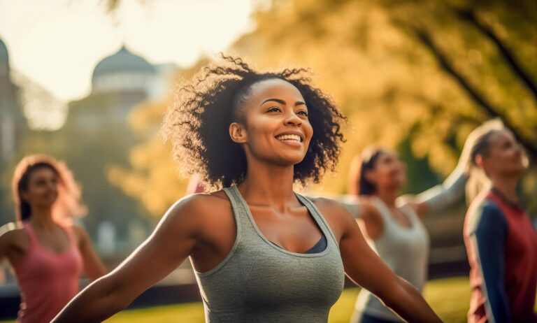 women stretching arms outdoor. Yoga class doing breathing exercise at park.