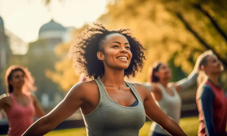 women stretching arms outdoor. Yoga class doing breathing exercise at park.